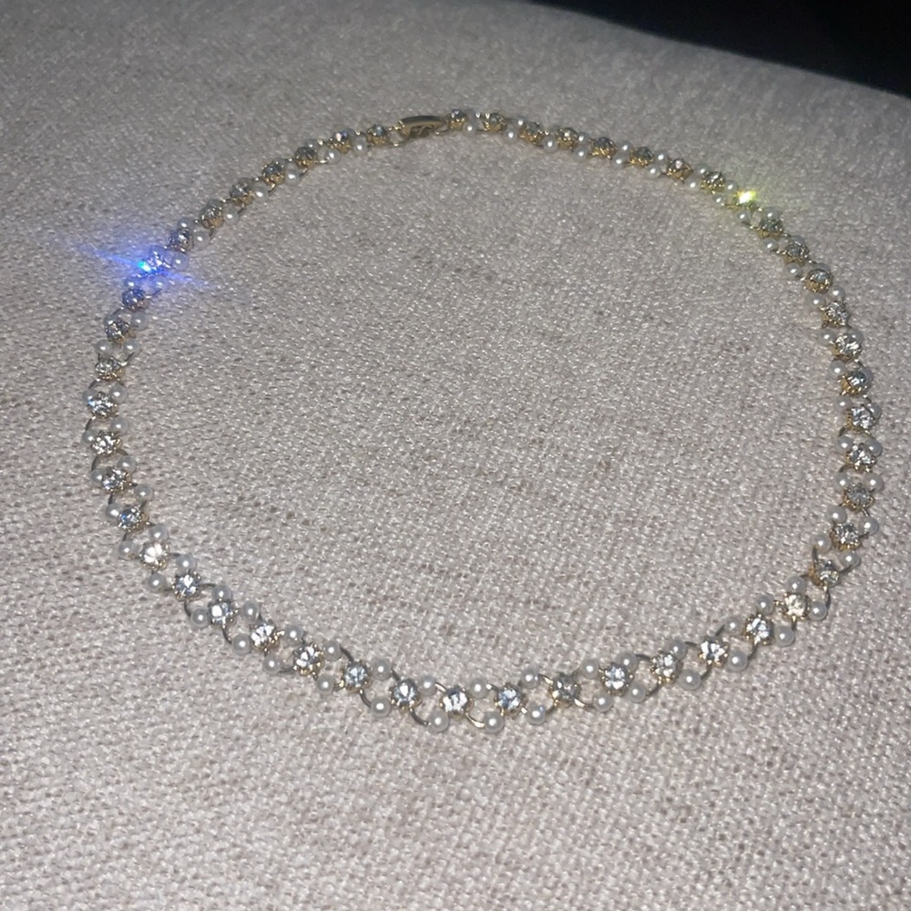 16” Crystal & Pearl Gold Hoop Short Chain Necklace w Rhinestones Long Collar